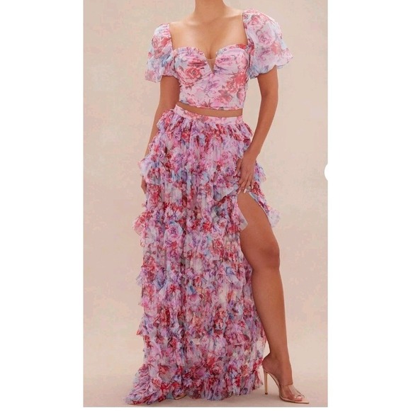 Fashion Nova Dresses & Skirts - Nova Luxe Carmencita Chiffon Skirt Set Medium Pink Floral Ruffled Poof Sleeves